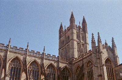 Shot of Bath Abbey taken from Kingston Parade, in Bath, England. Taken on 35mm film with a Kodak Retinette 1A.